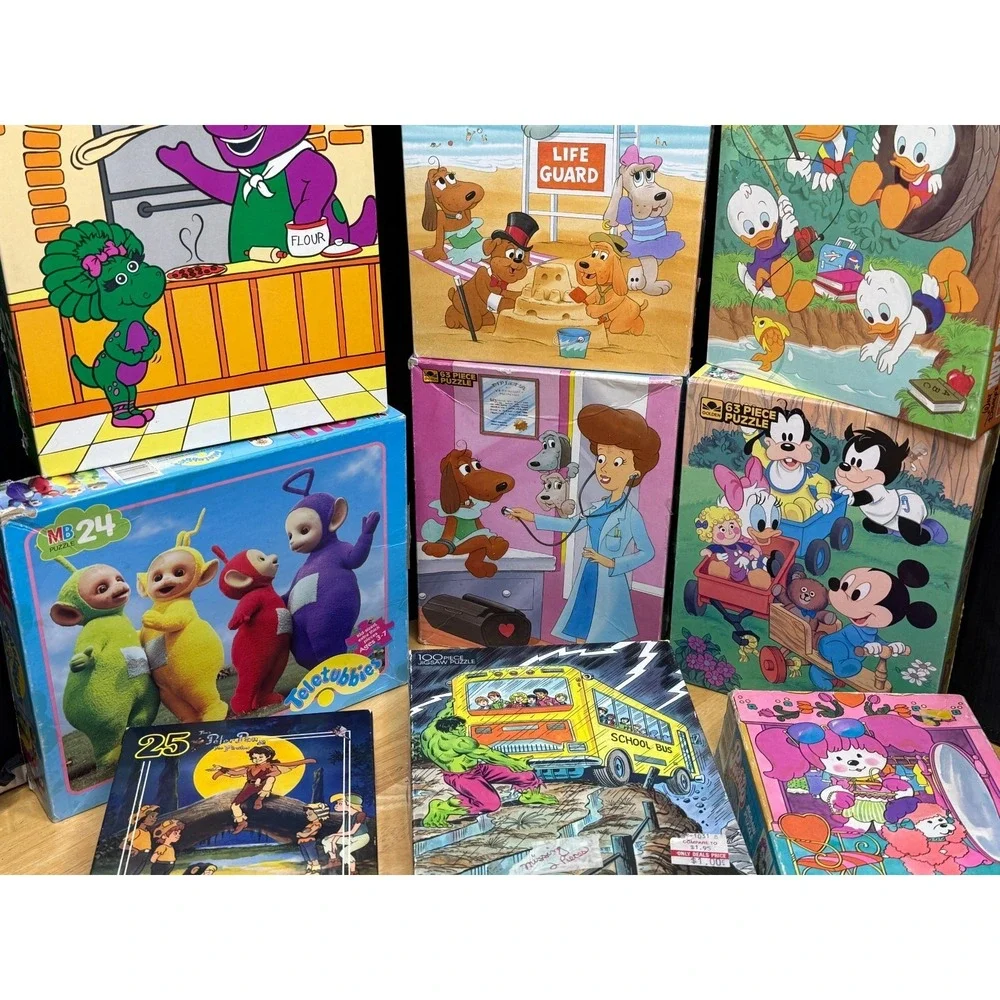 Vintage Children's Jigsaw Puzzle 9pc Lot 1980's Barney Hulk Pound Puppies Disney
